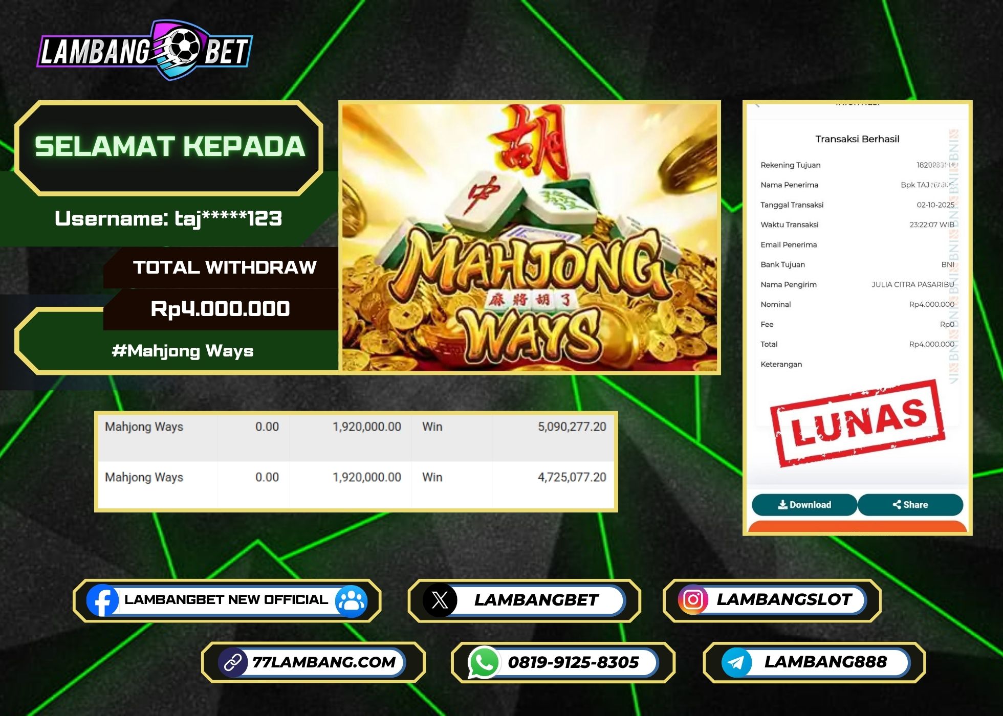 LAMBANGBET [2 OKTOBER 2025] JACKPOT SLOT Mahjong Ways "Rp4.000.000" LUNAS